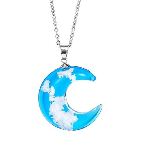 Collier Chic Pour Femmes, Pendentif En Résine De Verre, Nuages Blancs, Ciel Bleu, Lune, Bijoux