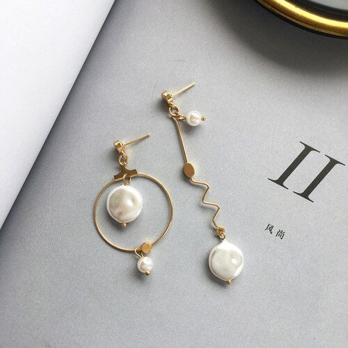 Boucles D'oreilles Asymétriques Avec Placage Doré, Boucles D'oreilles, Une, Courte, Une, Longue, Ronde, En Perle Blanche, Goutte, Bijoux Pour Femmes, Nouvelle Collection