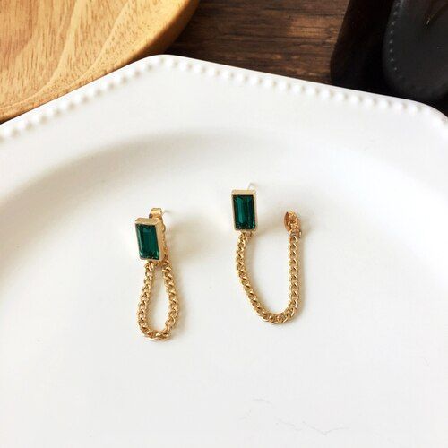 Boucles D'oreilles En Verre Vert Pour Femmes, Bijoux En Aiguille, Vintage, Design Populaire, Chaîne, Pampilles, S925