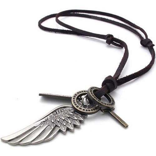 Bijoux Hommes Collier Femme, Ailes D'ange Avec Croix Pendentif Chaîne En Cuir, Argent Marron