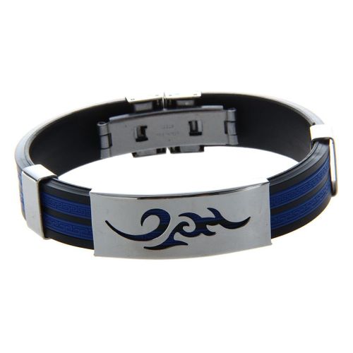 Bracelet Flammes En Acier Inoxydable Pour Hommes, Manchette En Silicone Noir Et Bleu