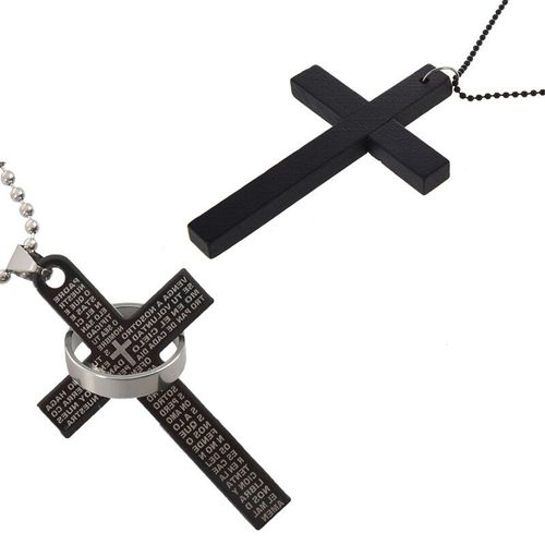 Chaîne De Perles En Métal Et Bois Pour Hommes, Pendentif Croix En Acier Inoxydable, Noir