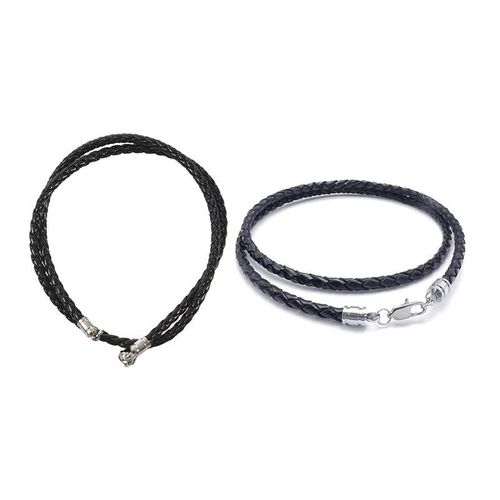 Collier En Cuir Et Acier Inoxydable Pour Hommes, Cordon De 3mm, Couleur Noir Et Argent, Avec Sac Cadeau, 2 Pièces, 40cm Et 50cm
