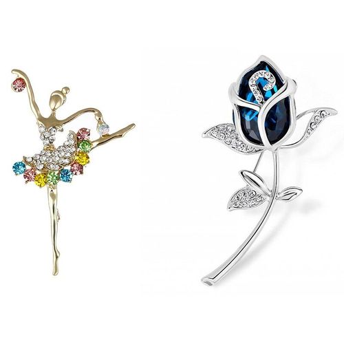 Broche En Cristal Pour Femmes, 2 Pièces, Broche Chic, Fleur Rose Et Fille Ballerine