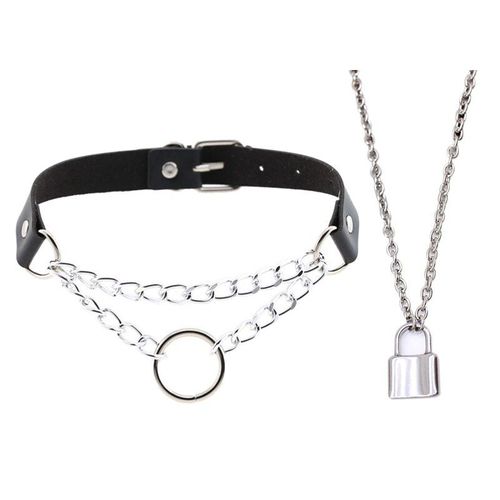 Collier Ras Du Cou Avec Pendentif Cadenas, 2 Pièces, 45cm, Couleur Noir Et Argent