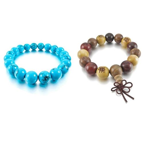 Bracelet En Bois Tibétain À Maillons De 15mm, Perles Bouddhistes En Bois De Santal Et Poignet À Maillons De Manchette De 10mm, Bleu Turquoise