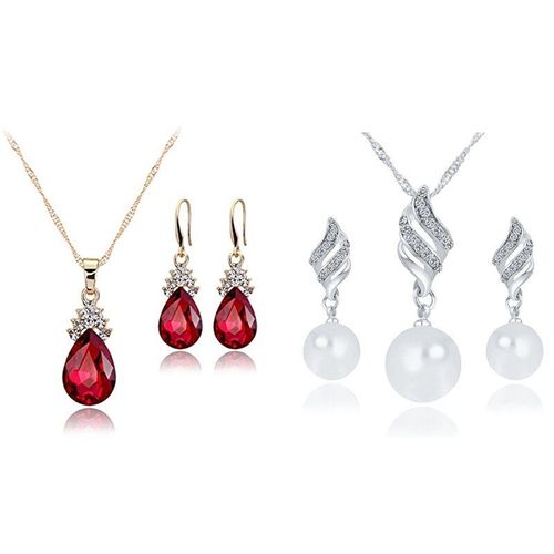 Ensemble De Bijoux De Mariage Classique Plaqué Or Platine, Boucles D'oreilles Collier, Gouttelettes D'eau En Diamant Élégant (Rouge)