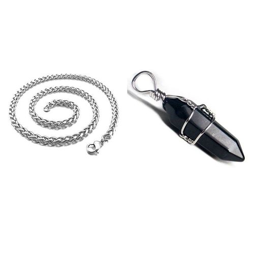 Collier Avec Pendentif En Pierre De Cristal, Onyx Noir, 4.0mm De Largeur, Acier Inoxydable, Couleur Argent, 1 Pièce
