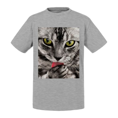 T-Shirt Enfant Chat Tigré Faisant Sa Toilette Noir&blanc Yeux Vert Langue Rose Animaux