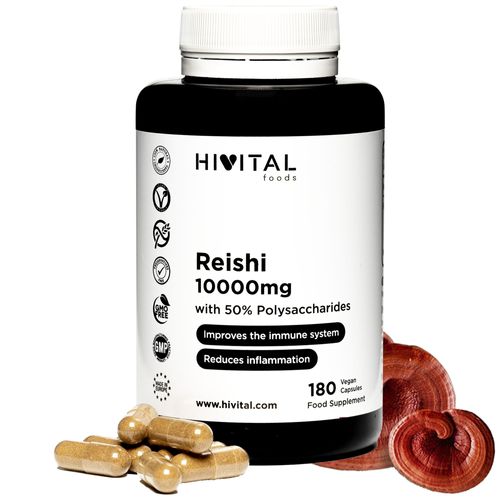 Reishi 10000mg. 180 Gélules Vegan Pour 6 Mois. Avec 50% De Polysaccharides, 10% De Bêta-Glucanes Et 2% De Triterpènes. Antioxydant Naturel Qui Renforce Le Système Immunitaire Et Réduit L'inflammation 