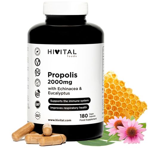 Propolis 2000mg Avec Echinacea Et Eucalyptus. 180 Gélules Végétaliennes Pour 6 Mois De Traitement. 