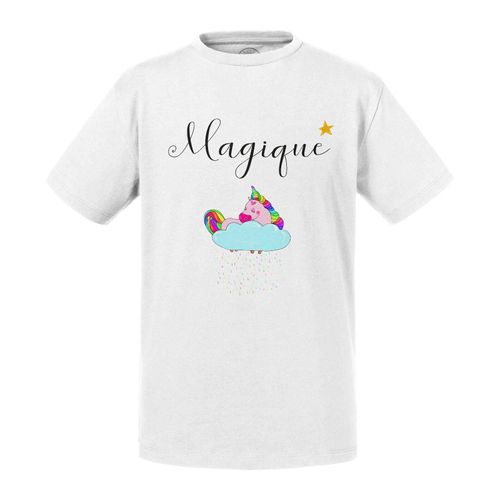 T-Shirt Enfant Magique Avec Licorne Rose Et Arc-En-Ciel Dormant Sur Petit Nuage De Pluie