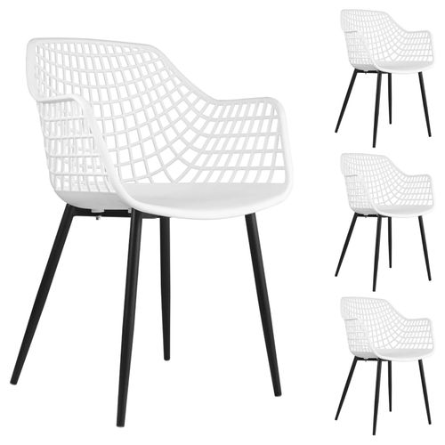 Lot De 4 Chaises Lucia Pour Salle À Manger Ou Cuisine Au Design Retro Avec Accoudoirs, Coque En Plastique Blanc Et 4 Pieds En Métal
