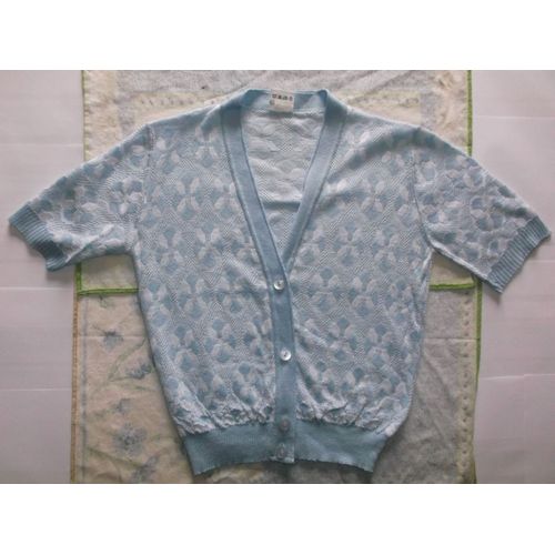 *** Gilet Bleu À Manches Courtes Avec Col En V *** - Vintage - « Damart » - Taille 46 (2)
