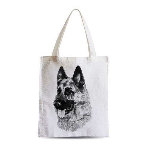 Grand Sac Shopping Plage Etudiant Berger Allemand Gros Chien Art Encre Noir et Blanc Mignon