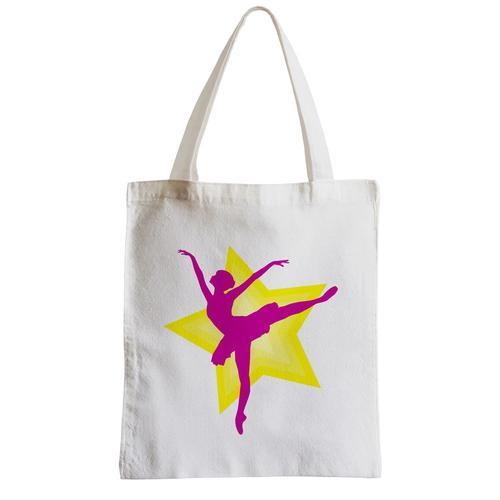 Grand Sac Shopping Plage Etudiant Silhouette Rose de Danseuse Étoile Faisant une Arabesque sur Étoile Jaune