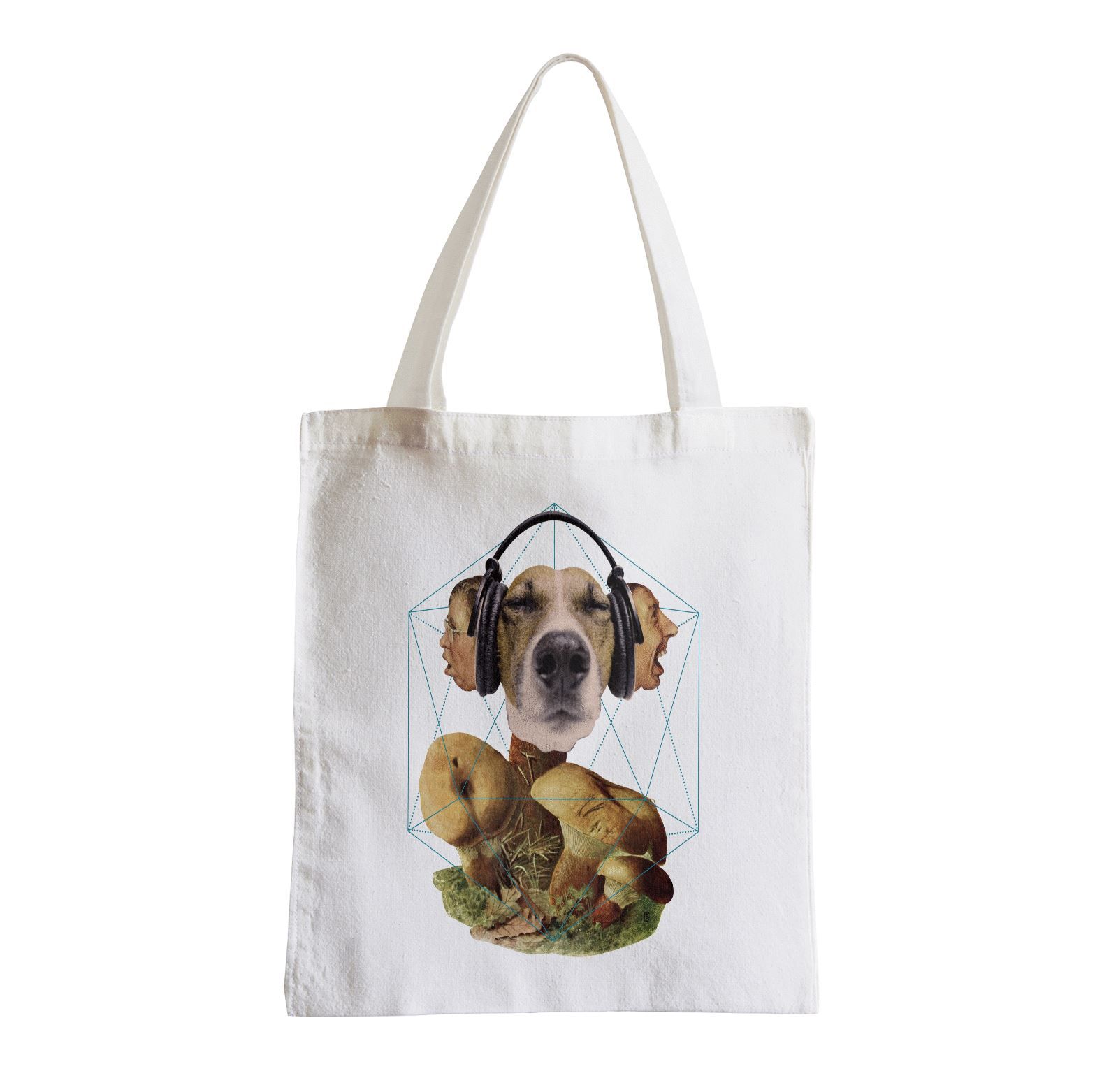 Grand Sac Shopping Plage Etudiant Chien Casque audio Collage Art Surréalisme Vintage Champignon