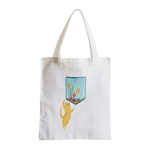 Grand Sac Shopping Plage Etudiant Poche Surprise Chat Aquarium Poisson Dessin