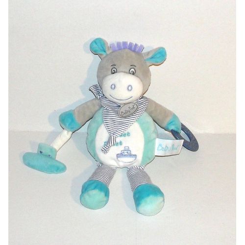 Doudou Vache Baby Nat Pantin D'activités Picotin Peluche Vache Bleu Dentition Grelot 27 Cm