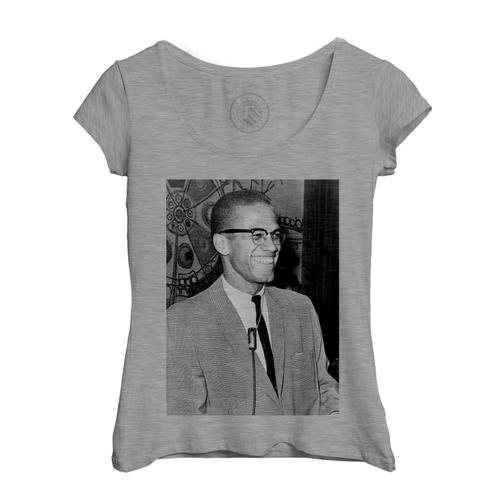 T-Shirt Femme Col Echancré Malcolm X Activiste Droits De L'homme Portrait Vintage