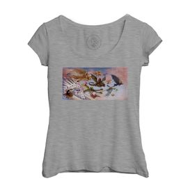 T-Shirt Femme Col Echancré Dragon Peinture Dessin Anime Enfant Cartoon Manga