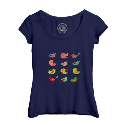 T-Shirt Femme Col Echancré Oiseaux Multicolor Peinture Enfant Dessin Mignon