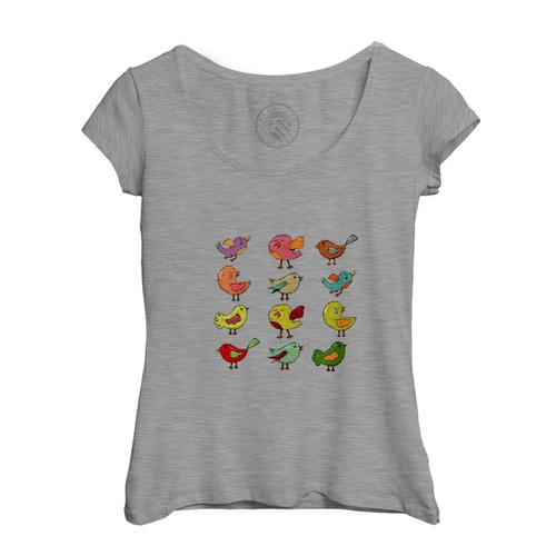 T-Shirt Femme Col Echancré Oiseaux Multicolor Peinture Enfant Dessin Mignon