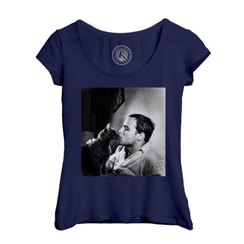 T-Shirt Femme Col Echancré Marlon Brando Chat Noir Mignon Acteur Cinema Photo Vintage