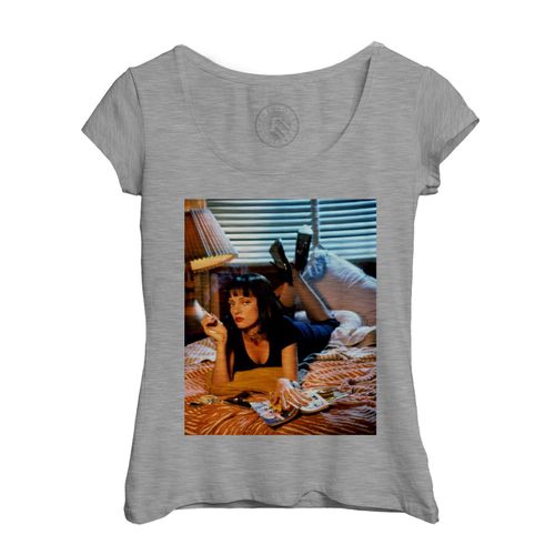 T-Shirt Femme Col Echancré Uma Thurman Pulp Fiction Cigarette Lit Actrice Cinema