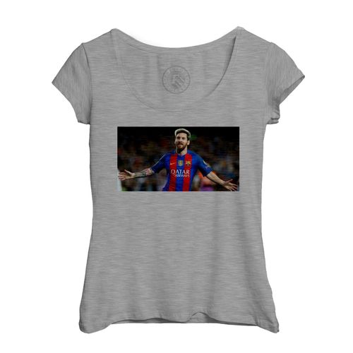 T-Shirt Femme Col Echancré Leo Messi Barcelone Football Star Celebration But