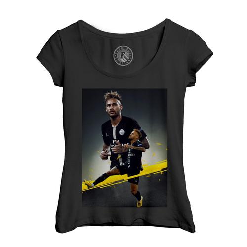 T-Shirt Femme Col Echancré Neymar Celebration But Paris Football Bresil Star Maillot Noir