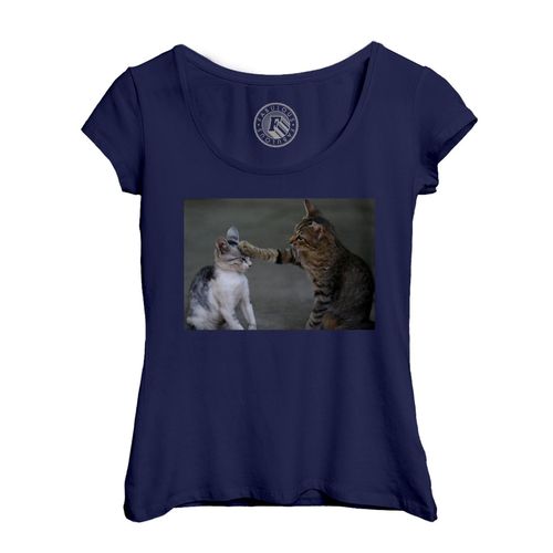 T-Shirt Femme Col Echancré Beau Chaton Et Sa Maman Mignon Tigres Tape Sur La Tete