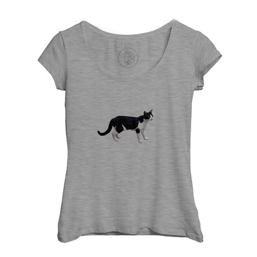 T-Shirt Femme Col Echancré Chat Noir Et Blanc Europeen Mignon Chat De Ville