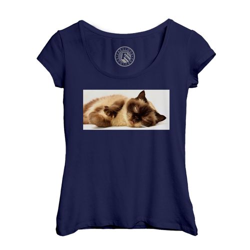 T-Shirt Femme Col Echancré Chaton Siamois Poil Long Endormis Mignon Relax Chill Chat
