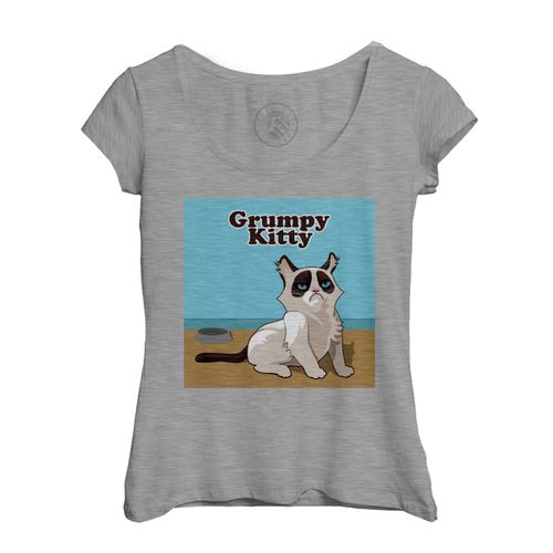 T-Shirt Femme Col Echancré Grumpy Cat Kitty Chaton Grincheux Chat Illustration Humour