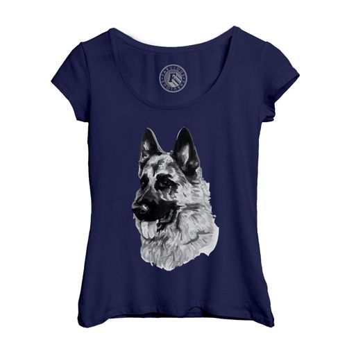 T-Shirt Femme Col Echancré Berger Allemand Gros Chien Art Encre Noir Et Blanc Mignon