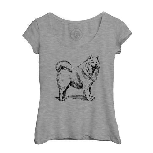 T-Shirt Femme Col Echancré Chow Chow Chien De Race Poil Long Dessin Mignon
