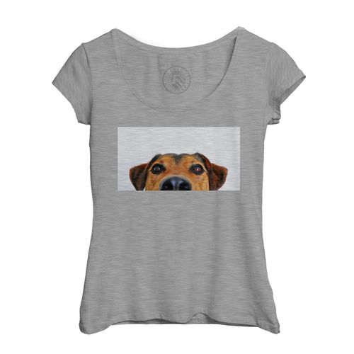 T-Shirt Femme Col Echancré Basset Petit Chien Marron Gros Plan Camera Mignon