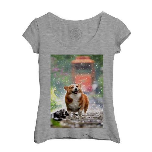 T-Shirt Femme Col Echancré Welsh Corgi Petit Chien Mignon Poils Longs Mignon Rail Train