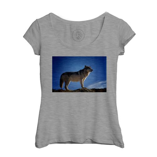 T-Shirt Femme Col Echancré Loup Photo Nature Animal Sauvage Ciel Bleu