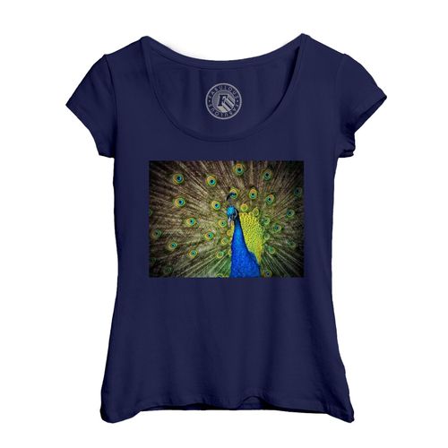 T-Shirt Femme Col Echancré Sublime Paon Faisant La Roue Oiseau Bleu