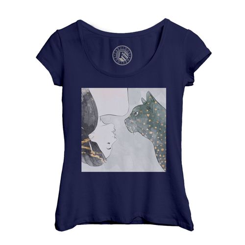 T-Shirt Femme Col Echancré Aquarelle Chat Jeune Fille Amour Mignon Animal Domestique Art