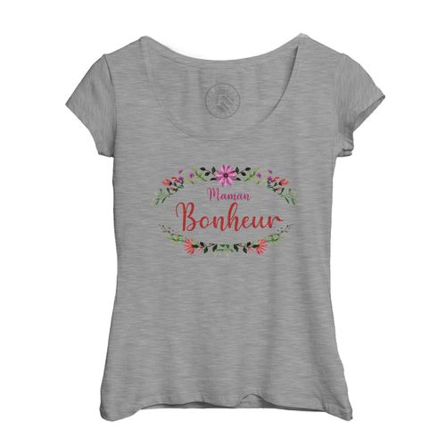 T-Shirt Femme Col Echancré Maman Bonheur Fleur Frise Florale Calligraphie Mignon