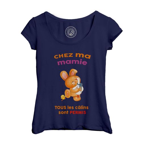 T-Shirt Femme Col Echancré Chez Ma Mamie Tous Les Calins Sont Permis Grand Mere Enfants