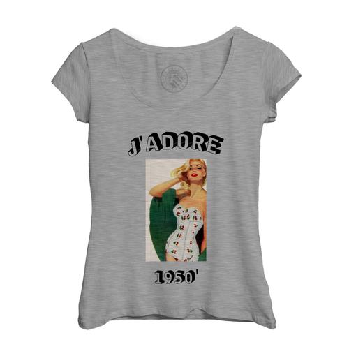 T-Shirt Femme Col Echancré J'adore 1950 Vintage Années 50 Retro Pin Up