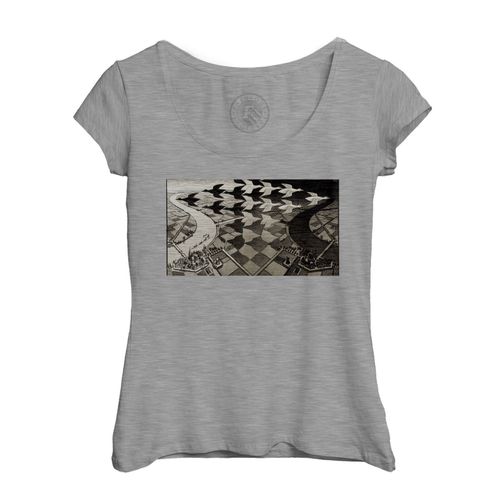 T-Shirt Femme Col Echancré Oiseaux Paysage Escher Dessin Litographie Art Moderne Illusion