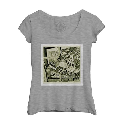 T-Shirt Femme Col Echancré Print Gallery Escher Dessin Litographie Art Moderne Illusion