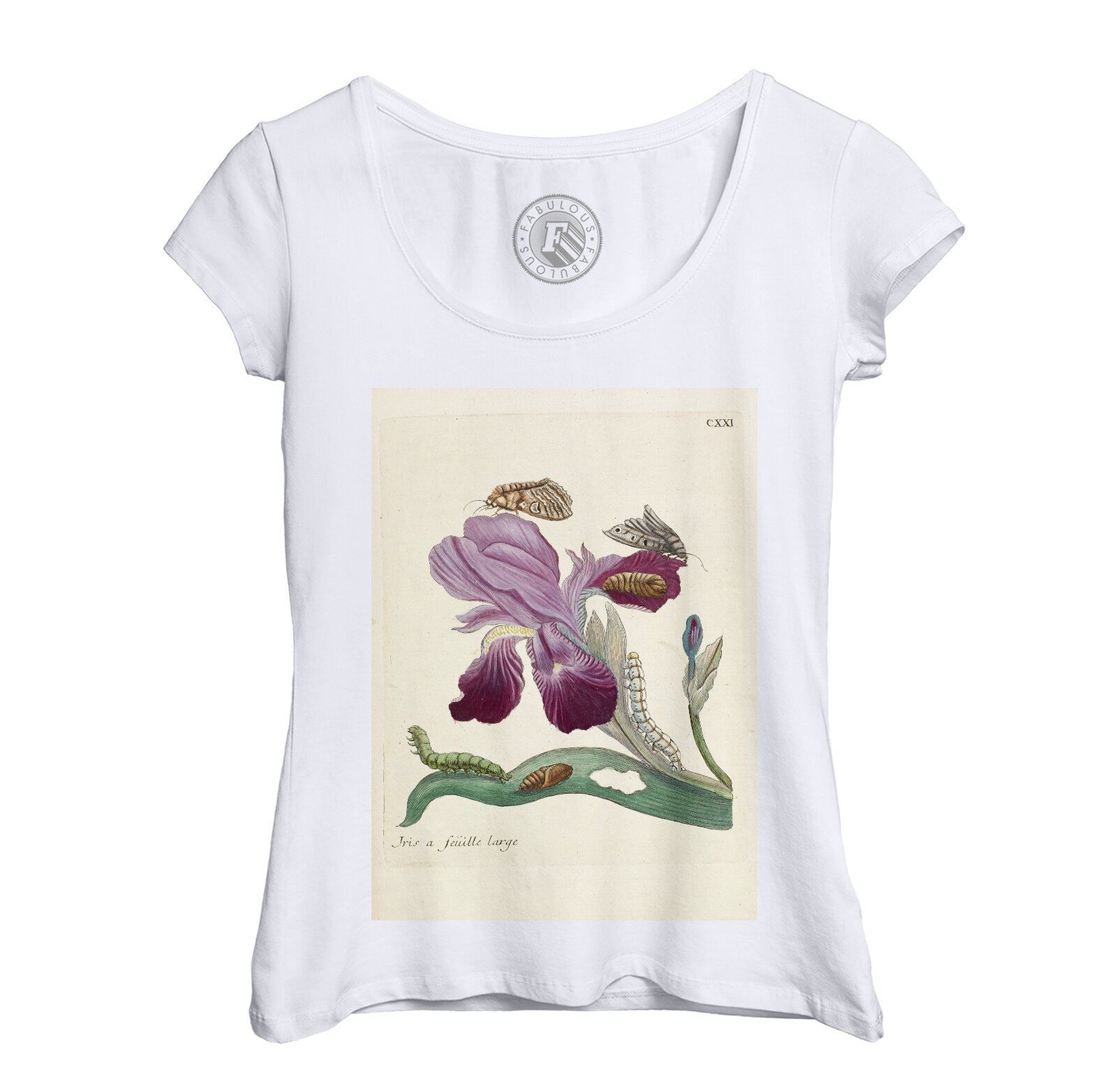 T-Shirt Femme Col Echancré Iris Papillons Chenilles Planche Illustration Botanique Ancienne Fleurs