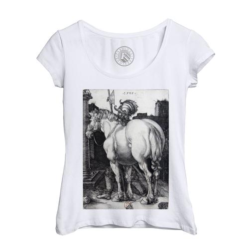 T-Shirt Femme Col Echancré Cheval Albrecht Durer Gravure Dessin Art Renaissance Animal