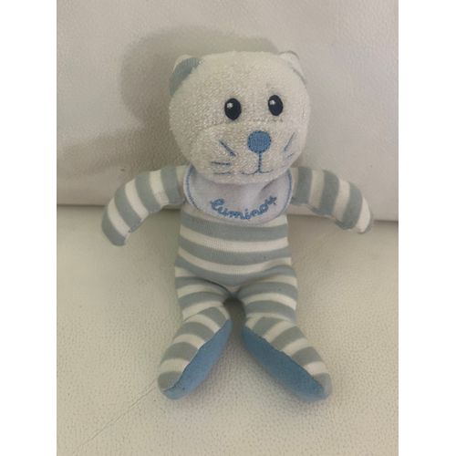 Doudou Hochet Chat Rayé Bleu Luminou 17 Cm